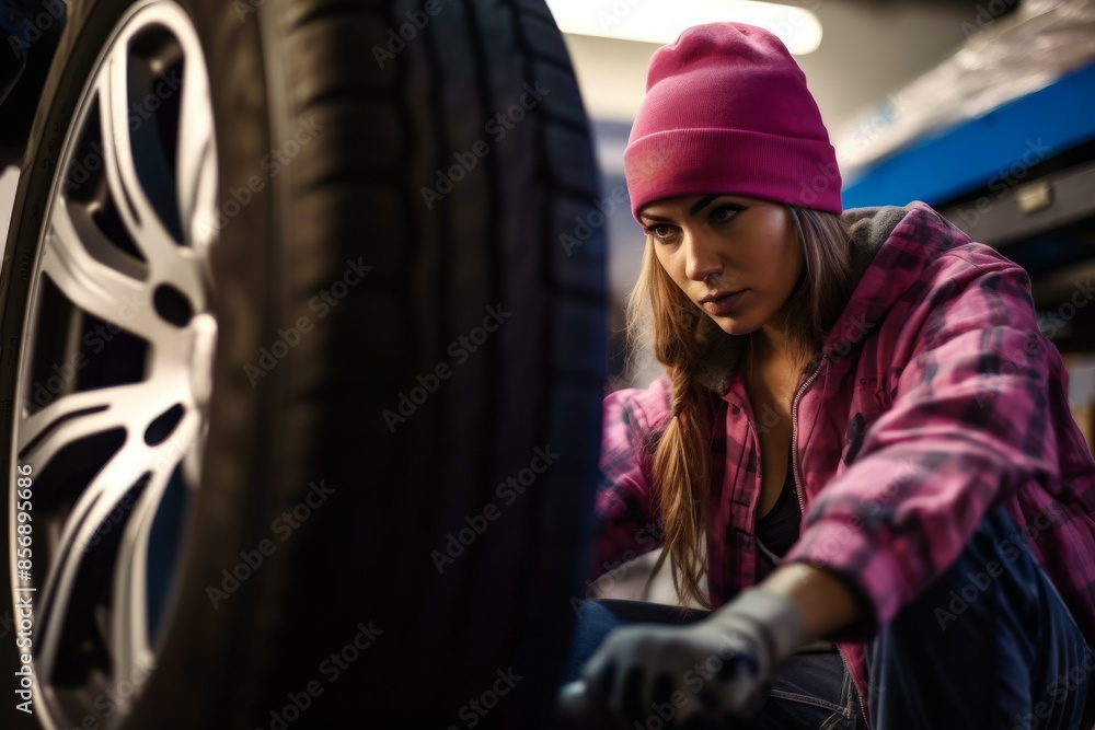 female mechanic working on car tyre service female mechanic working on car tyre service