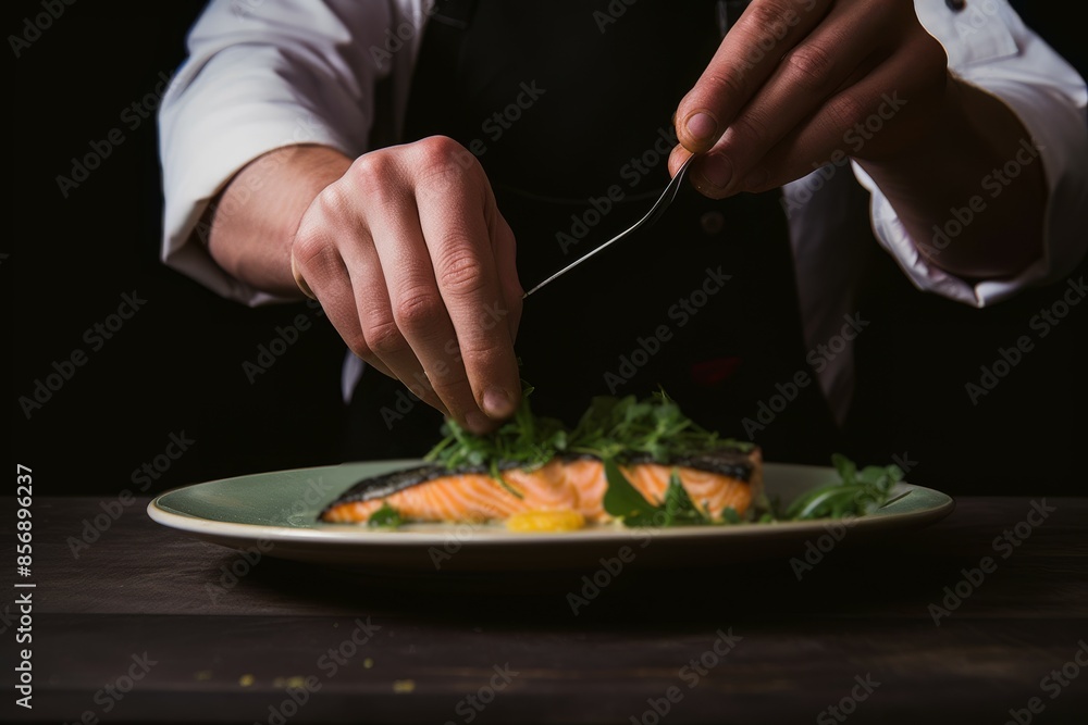 chef decorating a slice of salmon with arugula chef decorating a slice of salmon with arugula