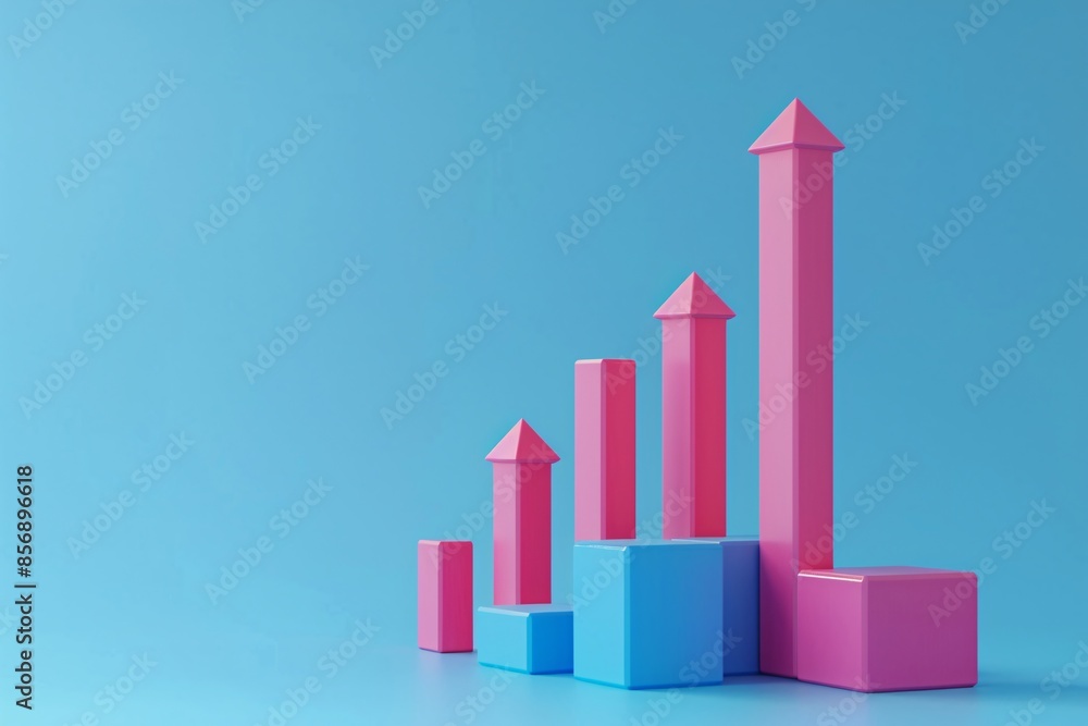 3D bar chart with pink and blue columns on a blue background. Concept of business growth, statistics, and success. 3D bar chart with pink and blue columns on a blue background. Concept of business growth, statistics, and success.