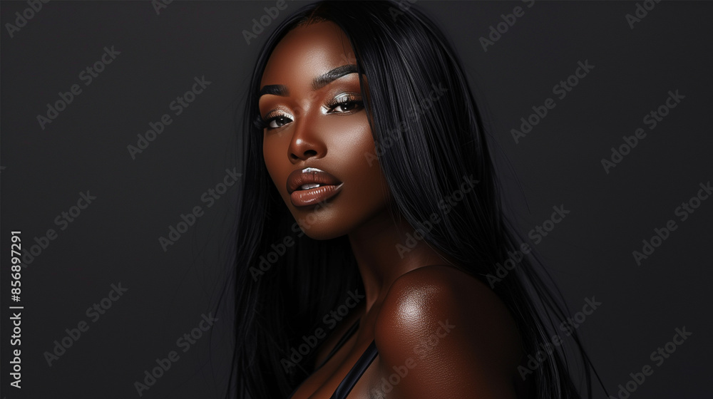 Portrait of Glamourous and Sensual Elegant Black Woman with Long Straightened Black Hair in Studio. Portrait of Glamourous and Sensual Elegant Black Woman with Long Straightened Black Hair in Studio.