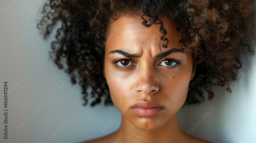 Closeup of a African American Woman with Furrowed Brows, Frown, Expressing Sadness and Displeasure, Mental Health Awareness. Closeup of a African American Woman with Furrowed Brows, Frown, Expressing Sadness and Displeasure, Mental Health Awareness.