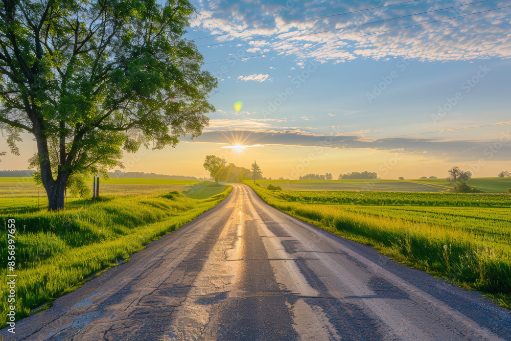 Fototapeta premium Rural road between fields in warm sunshine under dramatic sky, fresh vibrant colors,