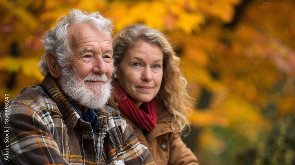 Happy Caucasian Senior Couple Smiling Together on Autumn Stroll, Enjoying Cosy Fall, Surrounded by Orange and Red Leaves. Happy Caucasian Senior Couple Smiling Together on Autumn Stroll, Enjoying Cosy Fall, Surrounded by Orange and Red Leaves.