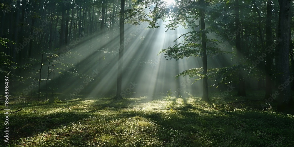 Fototapeta premium Sunlight Streaming Through Serene Forest Trees in Early Morning
