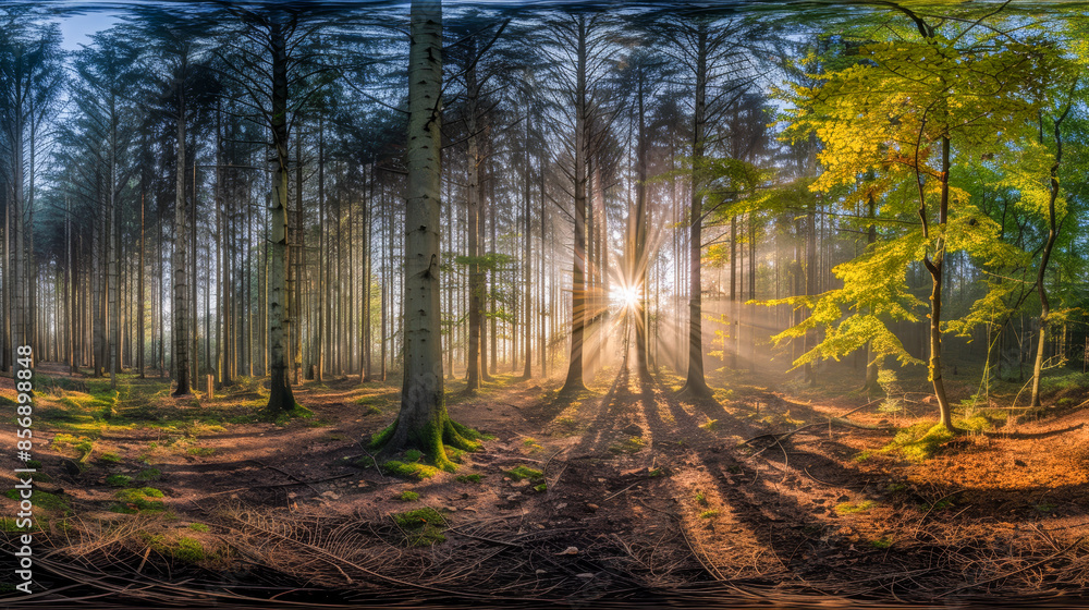 Obraz premium Forest panorama, the sun breaks through the trees