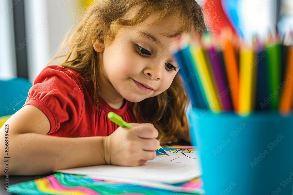 Little girl drawing with colorful pencils Little girl drawing with colorful pencils