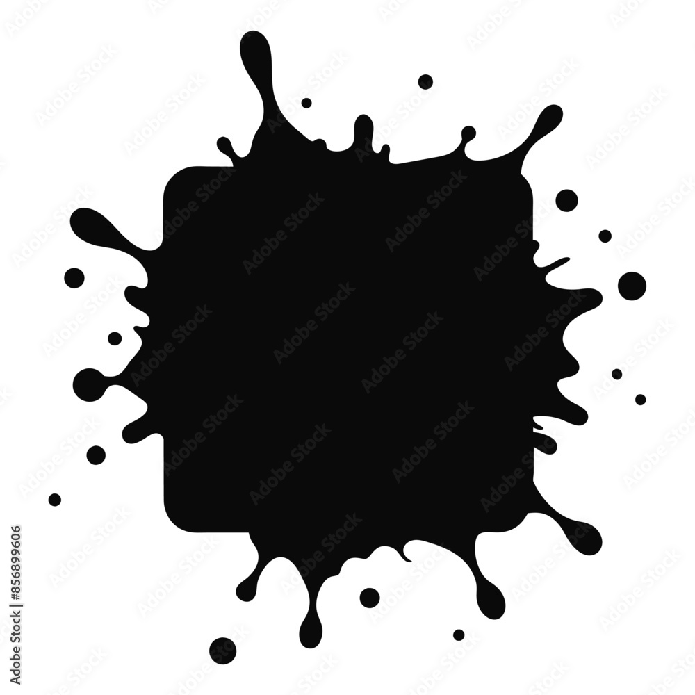 A black square with black paint splattered on white background A black square with black paint splattered on white background