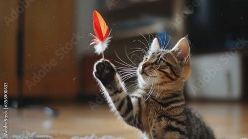 Curious cat playfully batting and chasing after a feathered toy in a modern well appointed living room setting photo