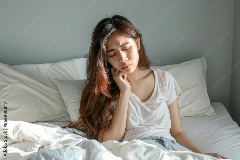 Young woman suffering from stomach ache on bed at home Young woman suffering from stomach ache on bed at home