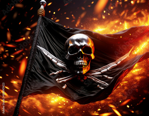 Bandera negra con una calavera que representa a los piratas del mar