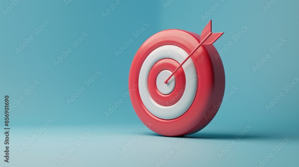 A red dart hits the center of a bullseye target on a blue background, symbolizing precision, accuracy, and success. 3D Illustration. A red dart hits the center of a bullseye target on a blue background, symbolizing precision, accuracy, and success. 3D Illustration.
