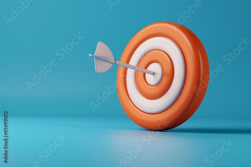 A red and white bullseye target against a blue background with an arrow hitting the center, symbolizing accuracy and success. 3D Illustration. photo