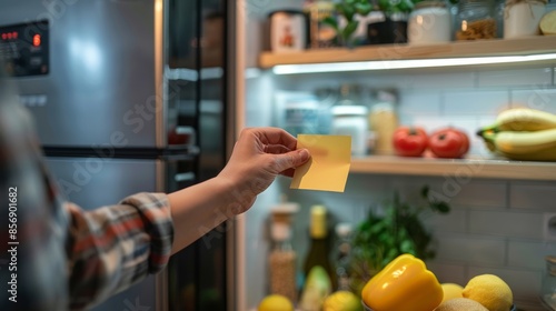 Hand Holding Sticky Note in Front of Open Fridge with Fresh Produce