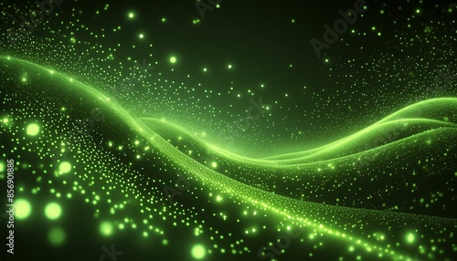 Firefly Abstract flying green particles of light on a black background; the concept is the idea, Flow of data or energy in space 