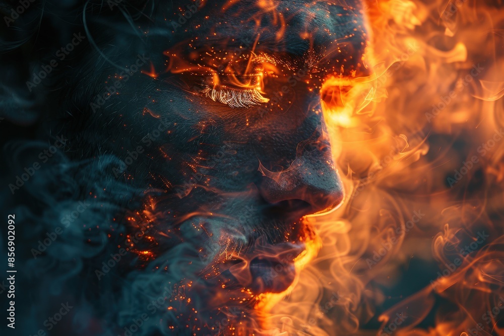 Intense abstract image of a person's face enveloped in flames and smoke artistically Intense abstract image of a person's face enveloped in flames and smoke artistically