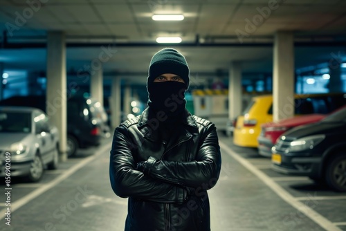 Criminal in black leather jacket and balaclava on head crossing arms by chest Contemporary criminal in black leather jacket and balaclava on head crossing arms by chest with parking area on background photo