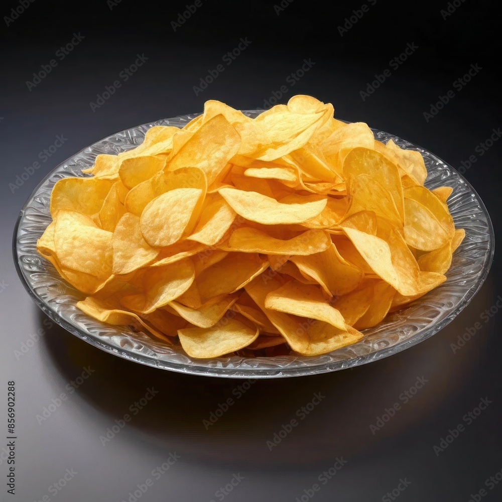Golden Potato Chips in a Glass Bowl, Perfectly Crisp and Ready to Snack Golden Potato Chips in a Glass Bowl, Perfectly Crisp and Ready to Snack
