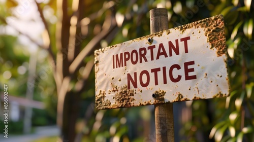 Rustic 'Important Notice' Sign in Sunlit Outdoor Setting with Copy Space photo