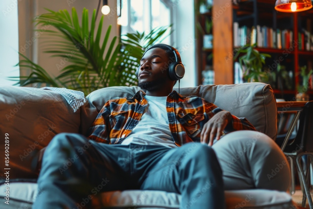 Fototapeta premium A man sits on a couch and relaxes with headphones while listening to music