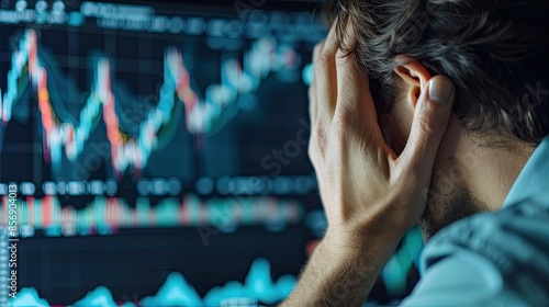 The Weight of Worry A stressed man clutches his head, his gaze fixed on fluctuating stock market charts on a screen, a stark visualization of the anxiety and uncertainty associated with a financial cr