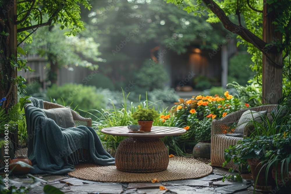 Fototapeta premium Inviting garden scene featuring a wicker chair, a wooden table with a potted plant, surrounded by greenery and flowers