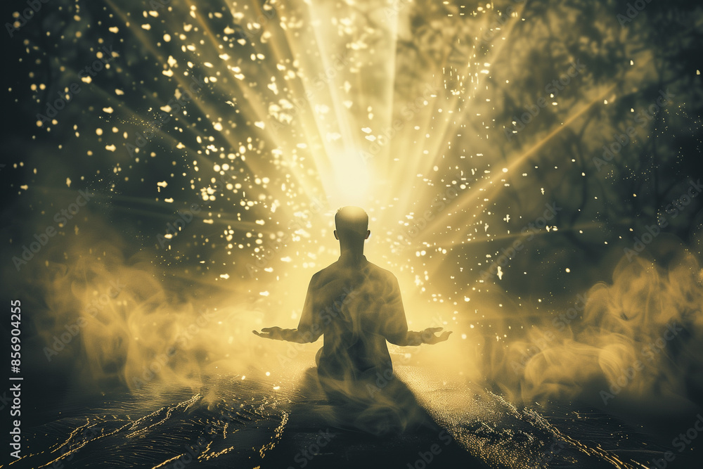 Serene Man in Center of Light, Spiritual Concept Serene Man in Center of Light, Spiritual Concept