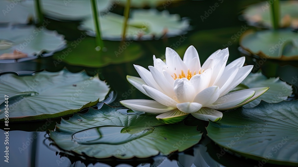 Water Lily Beauty A pristine white water lotus flower blooms majestically amidst green leaves in a pond, representing purity and serenity Water Lily Beauty A pristine white water lotus flower blooms majestically amidst green leaves in a pond, representing purity and serenity