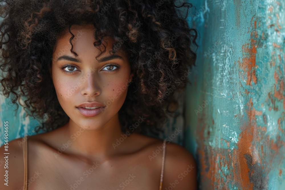 Stunning portrait of a curly-haired woman with a thoughtful gaze against a weathered backdrop Stunning portrait of a curly-haired woman with a thoughtful gaze against a weathered backdrop