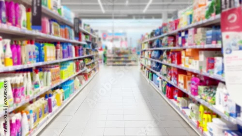 Wallpaper Mural shopping at the  supermarket reading product information.(washing gel, detergents, conditioner) Torontodigital.ca