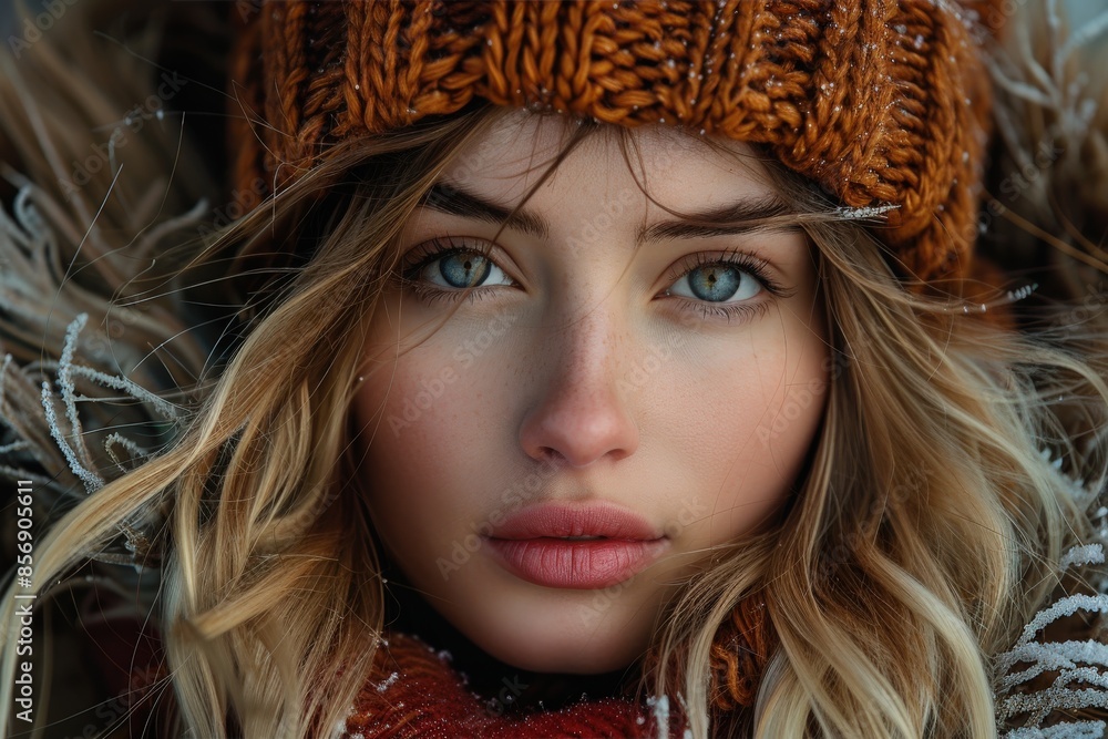 Captivating close-up of a blue-eyed blond woman in winter attire with frosted foliage Captivating close-up of a blue-eyed blond woman in winter attire with frosted foliage