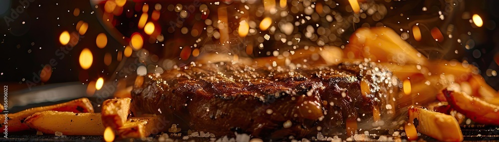 Close-up of a sizzling steak with golden fries on a dark wooden surface, garnished with herbs and seasoning, and flames in the background. Close-up of a sizzling steak with golden fries on a dark wooden surface, garnished with herbs and seasoning, and flames in the background.