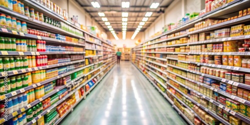 Blurry background of a supermarket aisle with shelves stocked with various products, supermarket, background, blur, aisle © Sanook