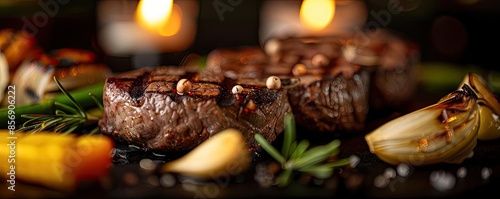 A close-up of grilled steak garnished with rosemary and garlic, accompanied by colorful vegetables on a dark background. photo