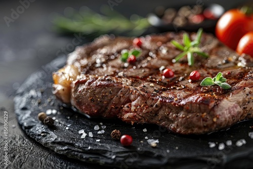 Grilled steak garnished with spices and herbs on a dark slate plate with cherry tomatoes in the background. Perfect for culinary-themed presentations.