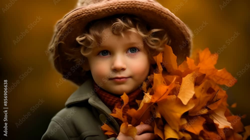 A boy holds autumn orange maple leaves in his hands A boy holds autumn orange maple leaves in his hands