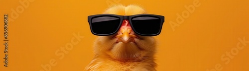 Cool yellow chick wearing black sunglasses against an orange background. Fun and trendy animal portrait perfect for creative projects.