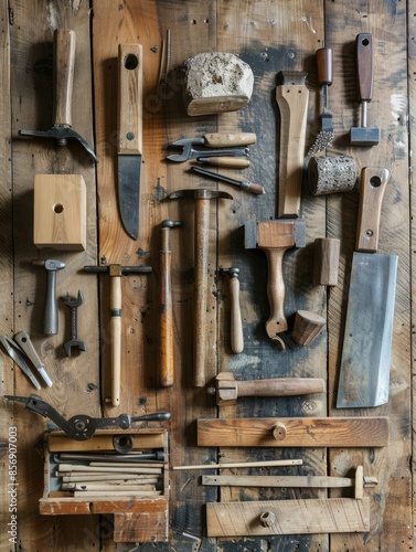 Flat lay composition with vintage carpentry tools on rough wooden background. Top view workbench with carpenter different tools. Woodworking, craftsmanship and handwork concept