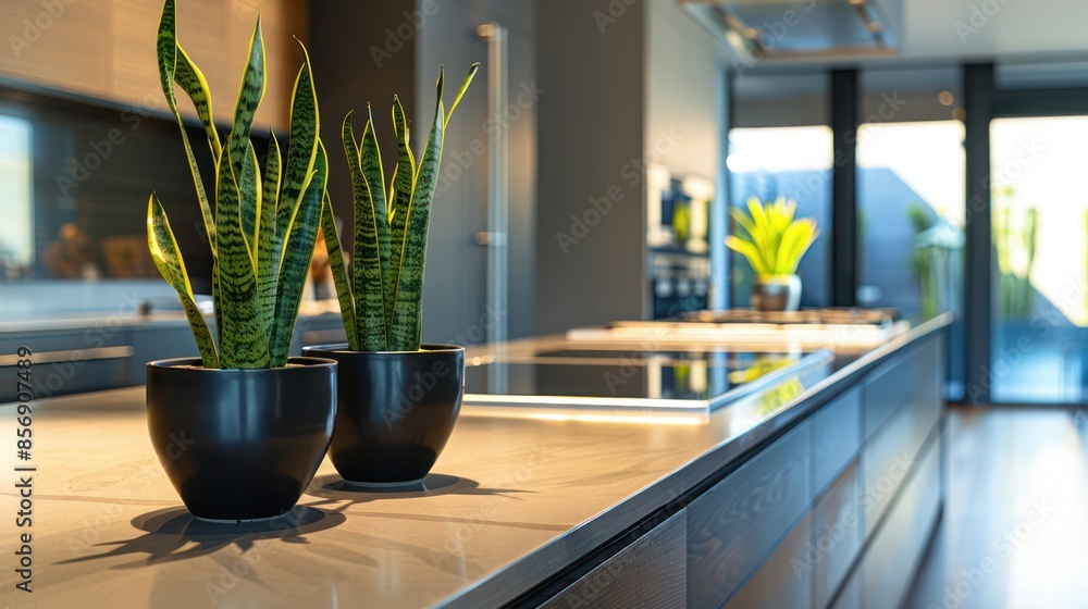 Potted snake plant in clean modern kitchen, interior decorations. Potted snake plant in clean modern kitchen, interior decorations.