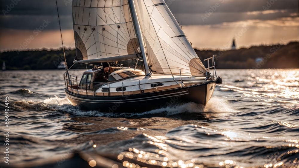 Fototapeta premium sailing yacht in sunset sky. luxury yacht. sailing yacht in the sea, close up, sailing yacht. sailing boat in the water.