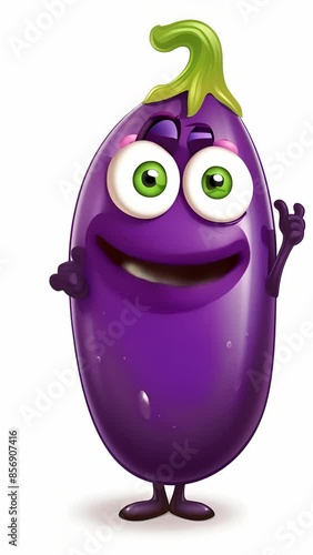 A cheerful smiling eggplant character with his hands in the air photo