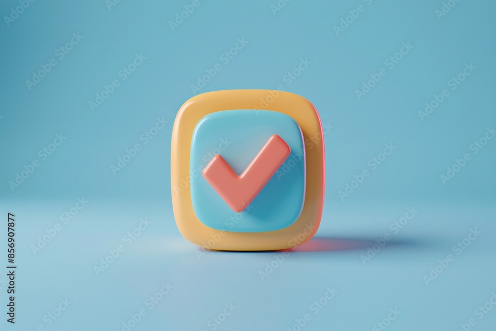 Colorful 3D checkmark icon against a blue pastel background, symbolizing confirmation, success, or completion in a modern, minimalistic style. 3D Illustration. Colorful 3D checkmark icon against a blue pastel background, symbolizing confirmation, success, or completion in a modern, minimalistic style. 3D Illustration.