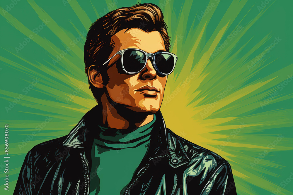 Stylish young man in retro pop art style Handsome features, green jacket, trendy sunglasses. Stylish young man in retro pop art style Handsome features, green jacket, trendy sunglasses.