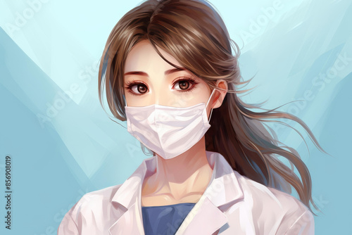 Vibrant cartoon sketch of a young female doctornurse with a face mask, showcasing beauty and professionalism. photo