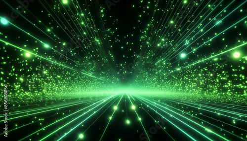 Firefly Abstract flying green particles of light on a black background, the concept is the idea, flow of data or energy in space