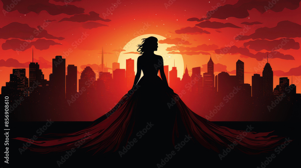 Captivating double exposure silhouette of an elegant woman in a red dress against a vibrant cityscape for fashion and lifestyle platforms. Captivating double exposure silhouette of an elegant woman in a red dress against a vibrant cityscape for fashion and lifestyle platforms.