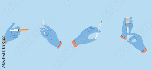 Set of illustrations with hands in rubber gloves hold syringes with liquid for injection