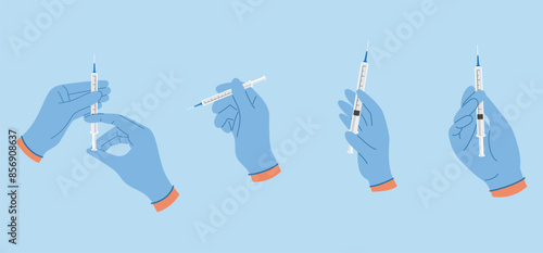 Set of doctor hands holding syringe to inject medicine. Doctor hands making an injection. Vaccination concept