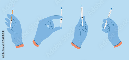 Doctor hands in rubber glove holding syringe with liquid for injection. Set of illustrations