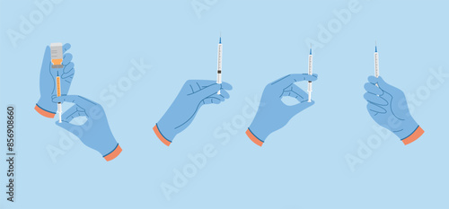 Set of illustrations with hands in rubber gloves hold syringes with liquid for injection