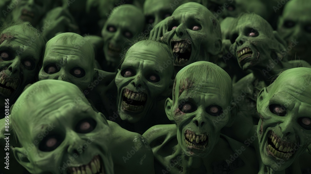 Fototapeta premium A creepy horde of zombies in a futuristic scifi world rendered in 3D graphics.